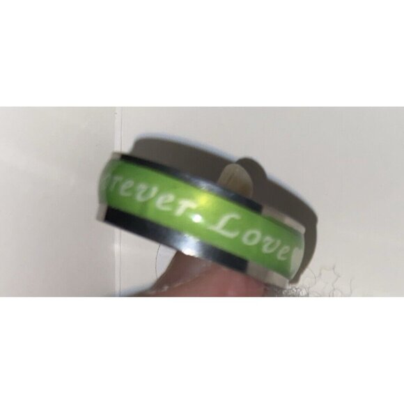 Unisex Ring Stainless Steel and Enamel Green & Silver "Forever Love" Size 10 - Picture 1 of 4